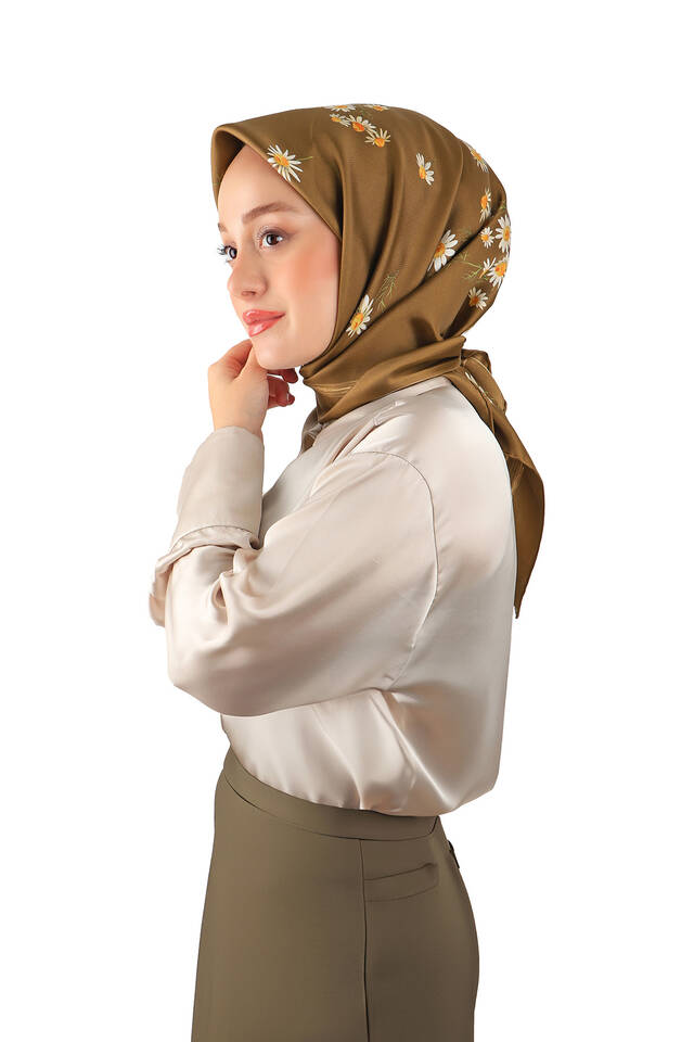 Mustard Daisy Pattern Twill Silk Square Scarf - 2