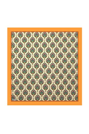 Mustard Hatai Pattern Silk Square Scarf - Thumbnail