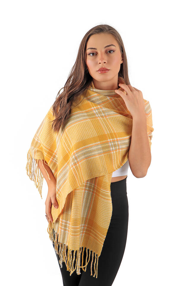 Mustard Orange Patterned Winter Shawl - 2