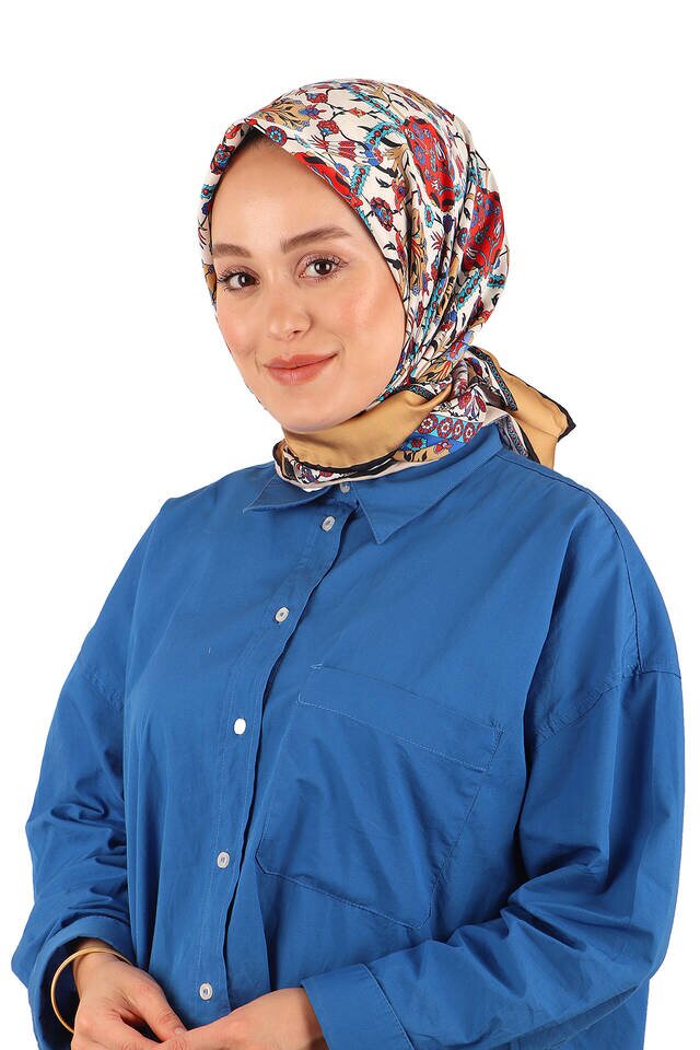 Mustard Tile Tulip Pattern Silky Square Scarf - 2