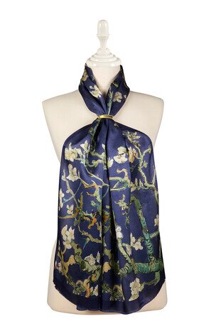 Navy Blue Almond Blossom Silk Foulard - Thumbnail