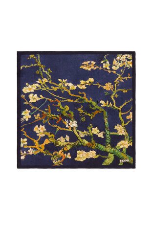 Navy Blue Almond Blossom Silk Pocket Square - Thumbnail