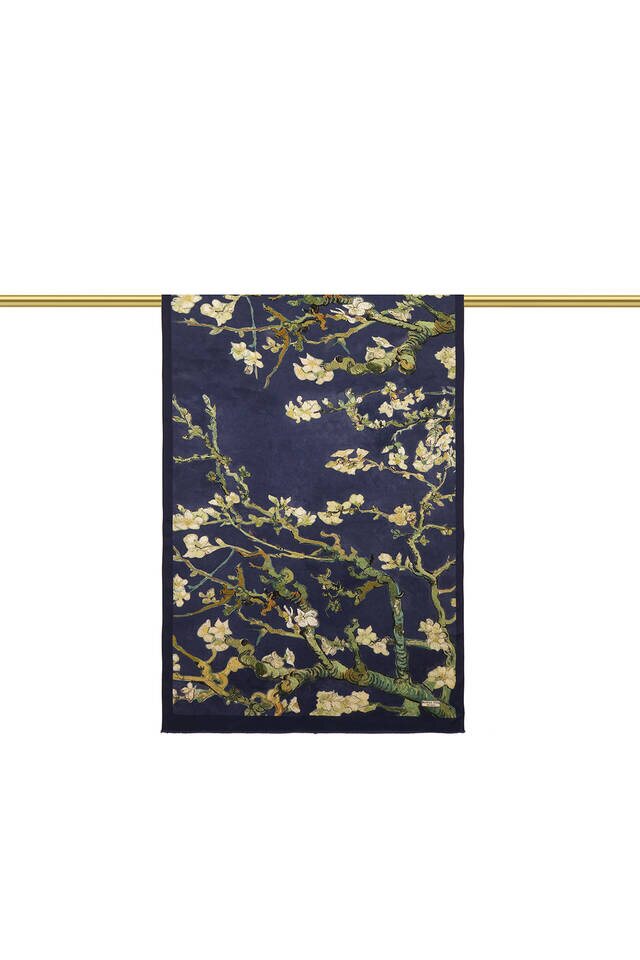 Navy Blue Almond Blossom Silk Scarf - 2