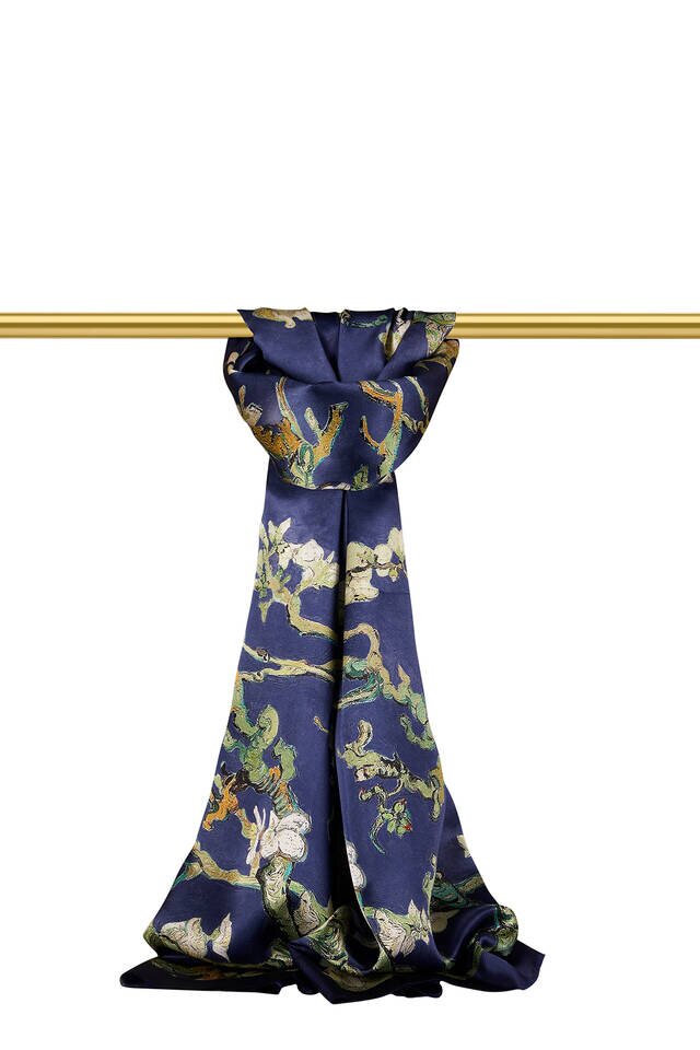 Navy Blue Almond Blossom Silk Scarf - Bursa İpek