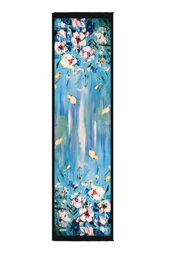 Navy Blue Anemone Pattern Silk Foulard - 4