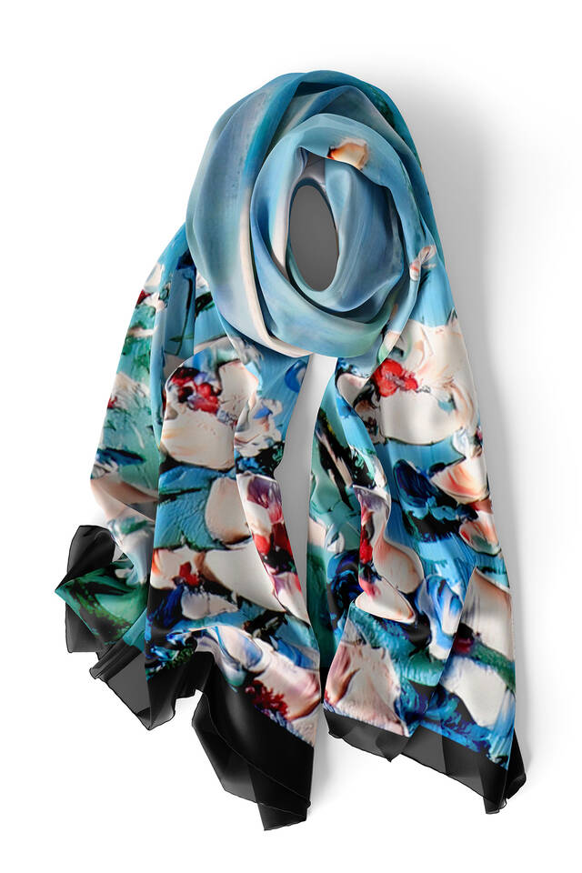 Navy Blue Anemone Pattern Silk Foulard - 3