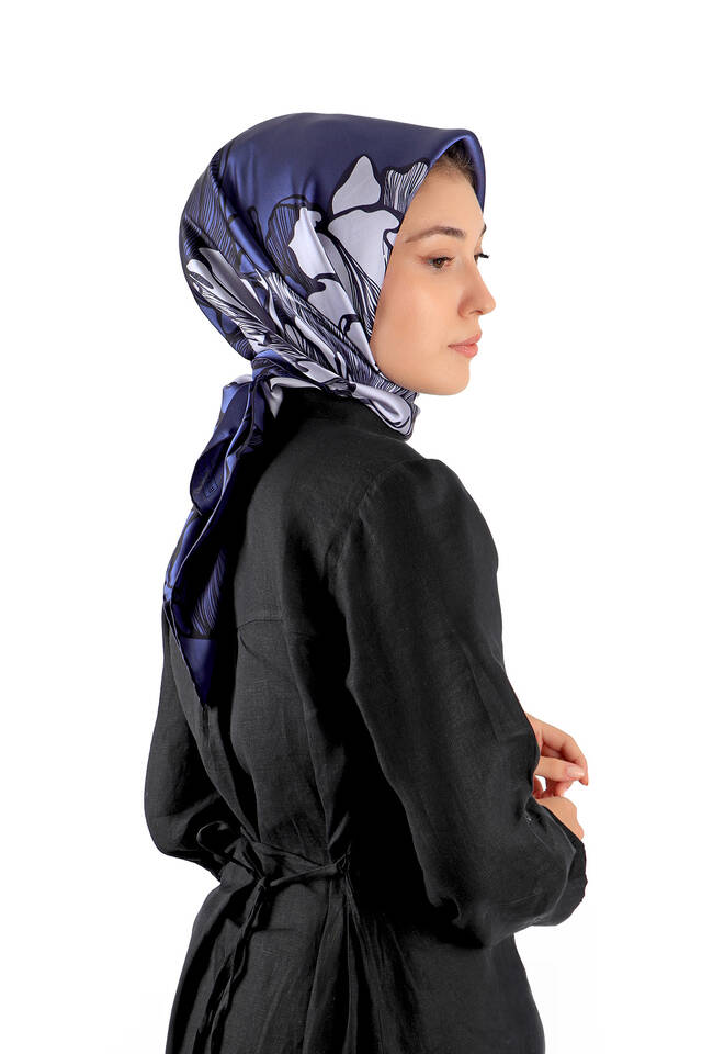 Navy Blue Begonia Pattern Sura Silk Square Scarf - 2