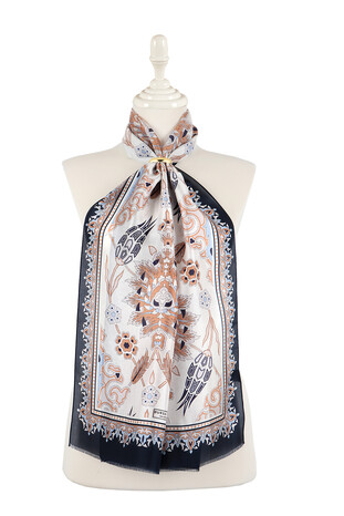 Navy Blue Beige Tile Tulip Voile Silk Foulard 