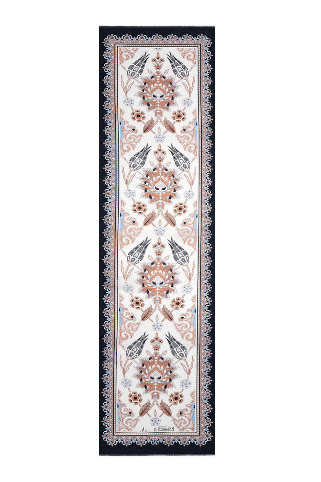 Navy Blue Beige Tile Tulip Voile Silk Foulard - 4