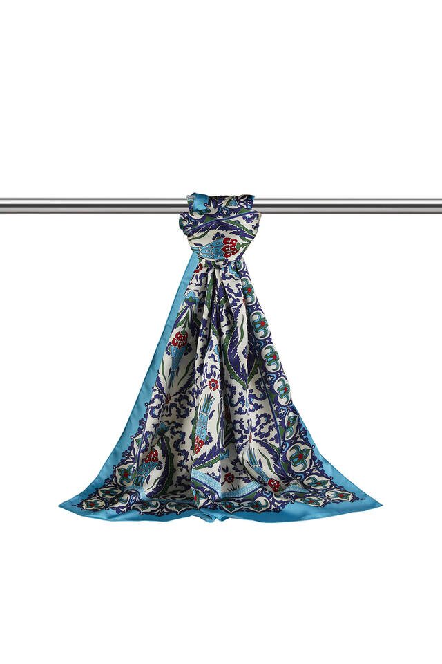 Navy Blue Blue Carnation Pattern Narrow Silky Foulard - 3