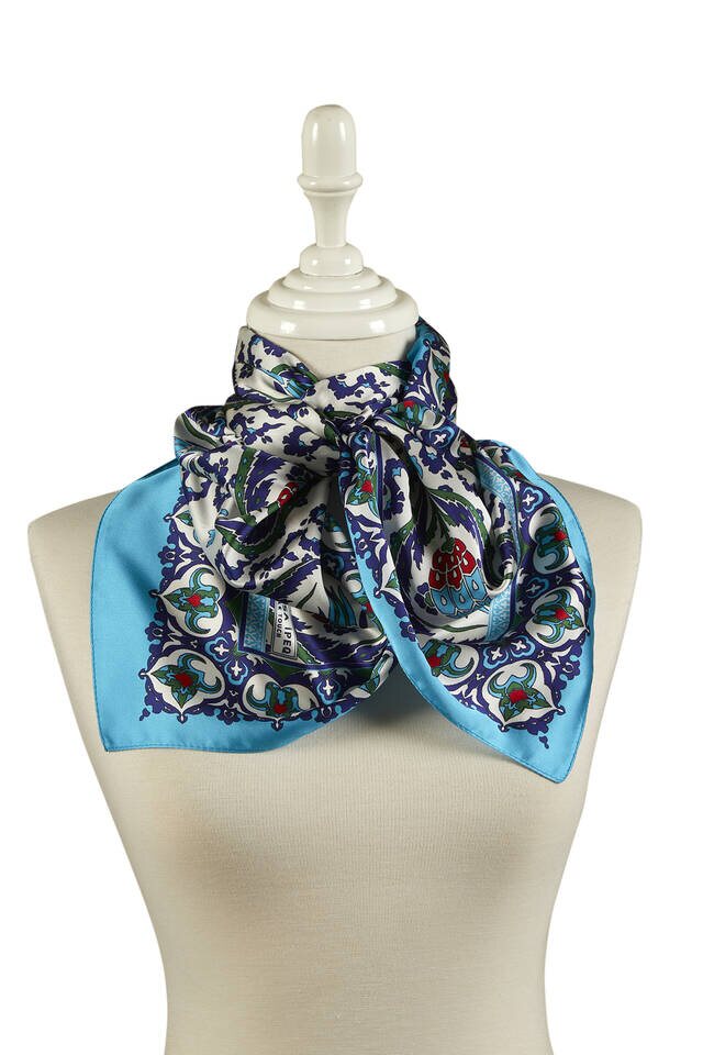 Navy Blue Blue Carnation Pattern Narrow Silky Foulard - 2