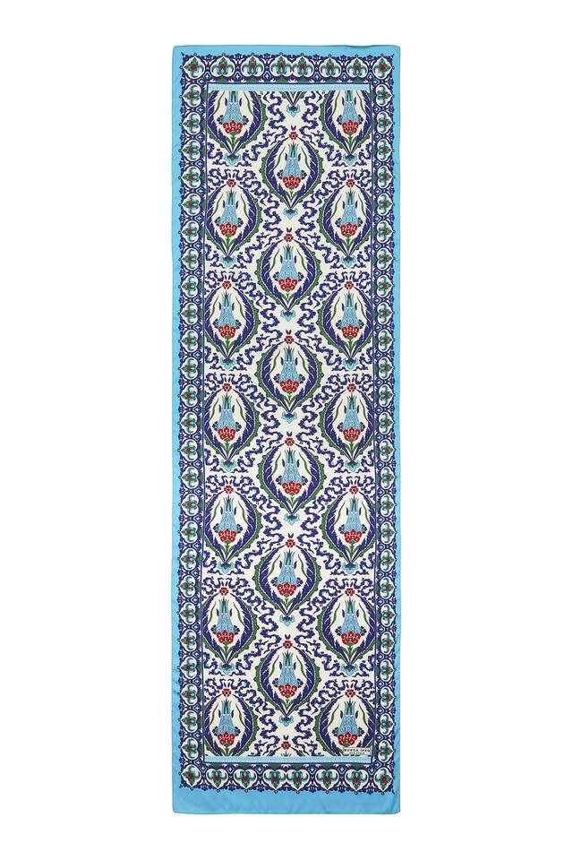 Navy Blue Blue Carnation Pattern Narrow Silky Foulard - 4