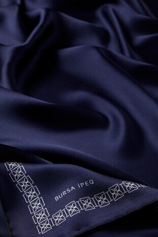 Navy Blue Bordered Butterfly Silk Square Scarf - Thumbnail