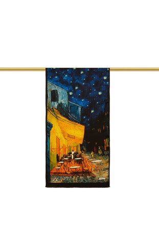 Navy Blue Cafe Street Silk Painting Foulard - Thumbnail