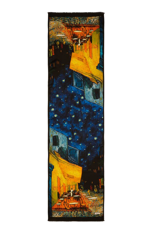 Navy Blue Cafe Street Silk Painting Foulard - 5