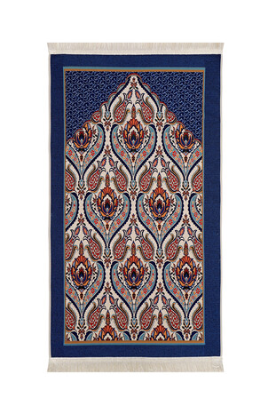 Navy Blue Candlestick Tulip Pattern Tapestry Prayer Rug - Thumbnail