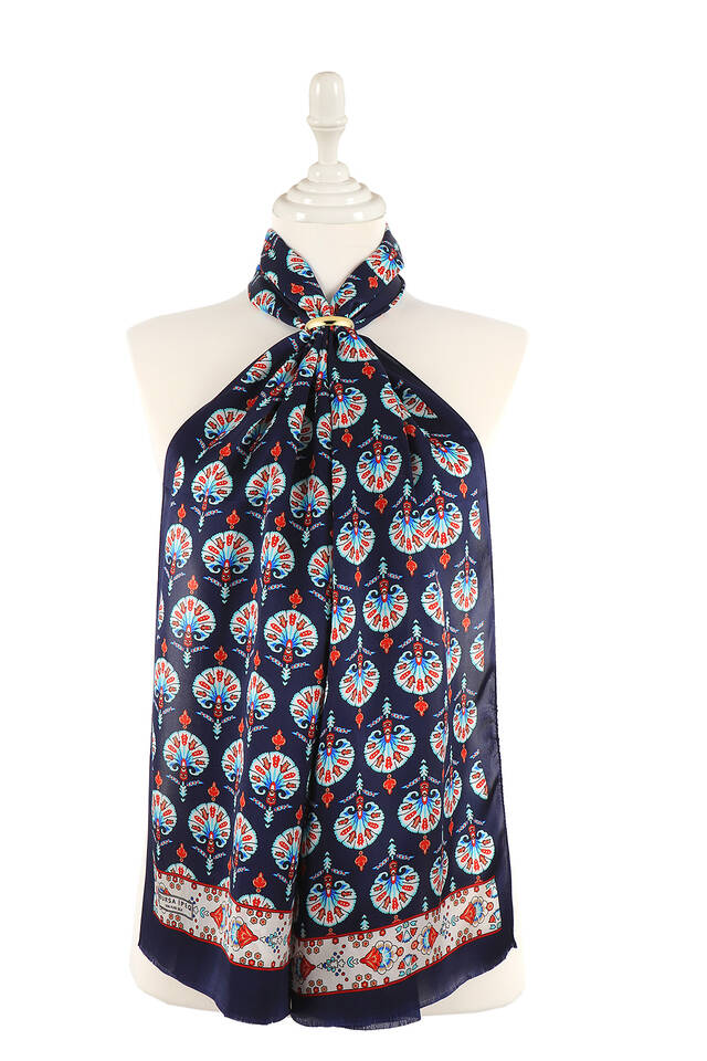 Navy Blue Carnation Pattern Silk Foulard 