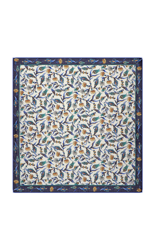 Navy Blue Carnation Tulip Pattern Soft Square Scarf - Bursa İpek