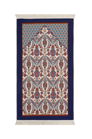 Navy Blue Carnation Tulip Pattern Tapestry Prayer Rug - Thumbnail