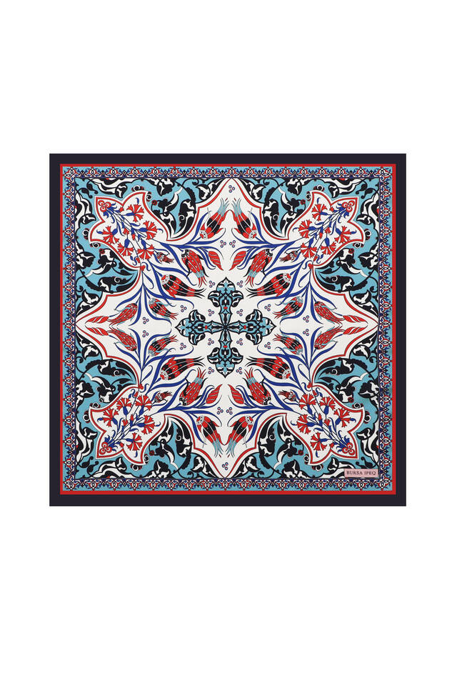 Navy Blue Cintemani Carnation Pattern Silky Pocket Square - Bursa İpek