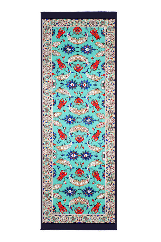Navy Blue Cream Efes Pattern Silk Foulard - 4