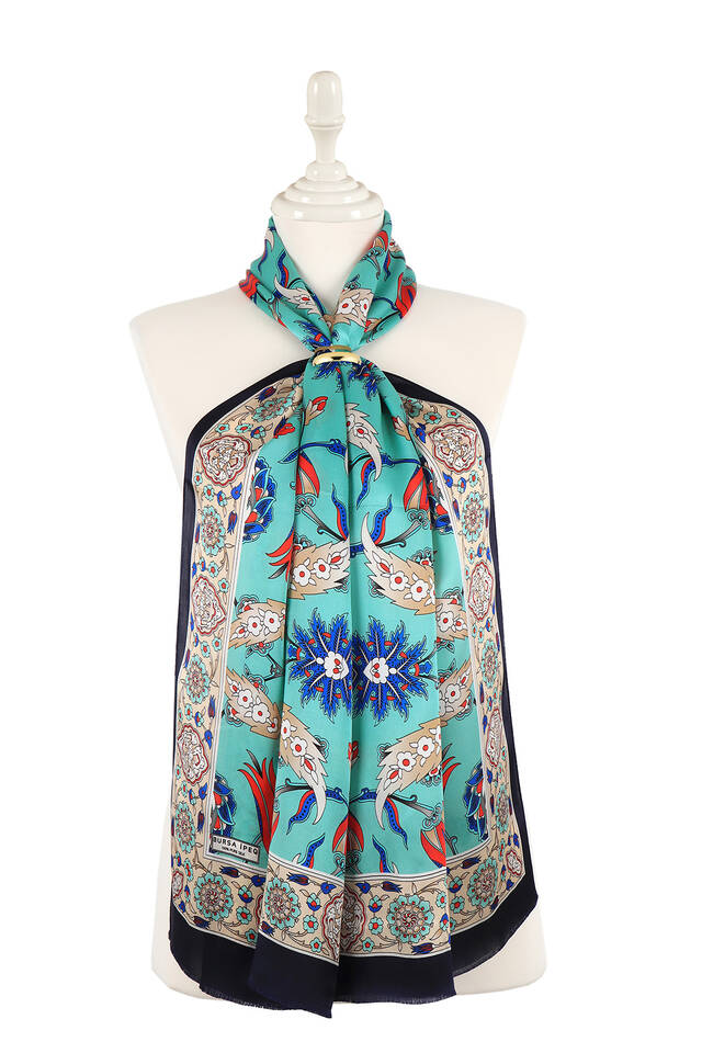 Navy Blue Cream Efes Pattern Silk Foulard - 1