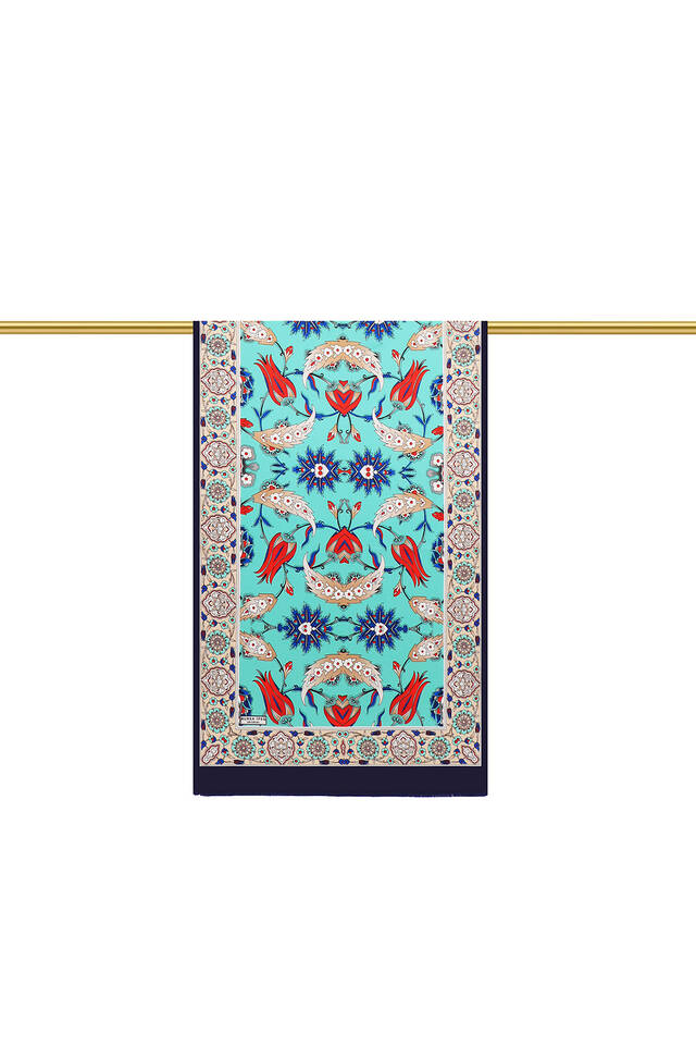 Navy Blue Cream Efes Pattern Silk Foulard - 2