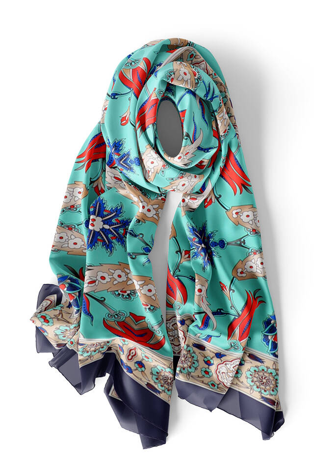 Navy Blue Cream Efes Pattern Silk Foulard - 3