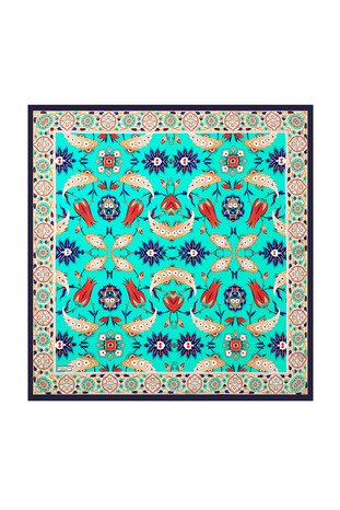 Navy Blue Cream Efes Pattern Silk Square Scarf - Thumbnail