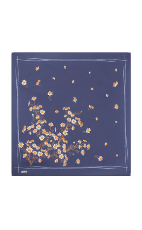 Navy Blue Daisy Pattern Twill Silk Square Scarf 