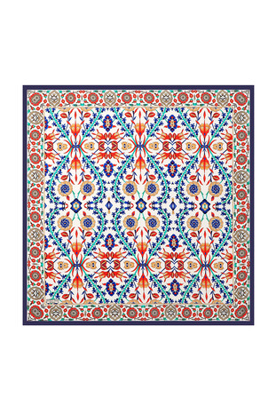 Navy Blue Ecru Selçuk Pattern Silk Square Scarf - Thumbnail