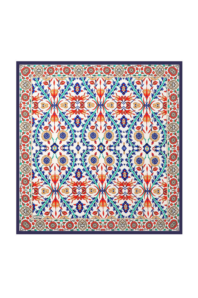 Navy Blue Ecru Selçuk Pattern Silk Square Scarf 