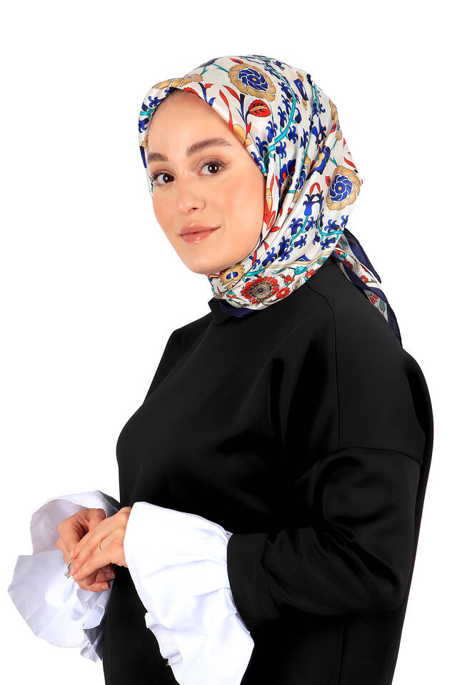 Navy Blue Ecru Selçuk Pattern Silk Square Scarf - 2