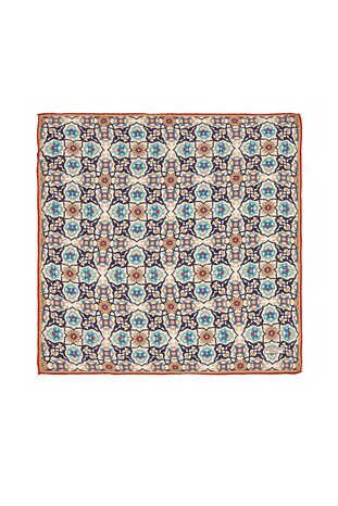 Navy Blue Ecru Tile Spiral Pattern Silk Pocket Square - Thumbnail