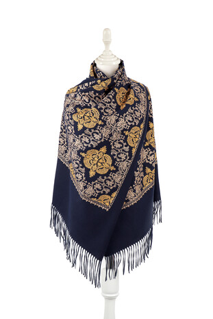 Navy Blue Embroidered Winter Shawl - Thumbnail