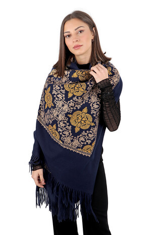 Navy Blue Embroidered Winter Shawl - Thumbnail