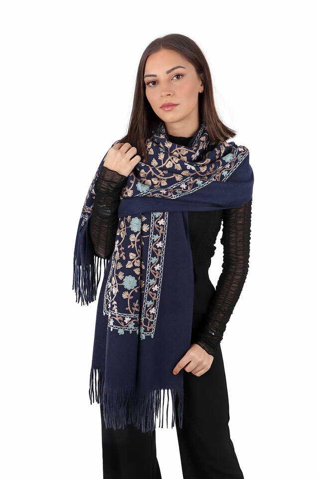 Navy Blue Embroidered Winter Shawl - 2