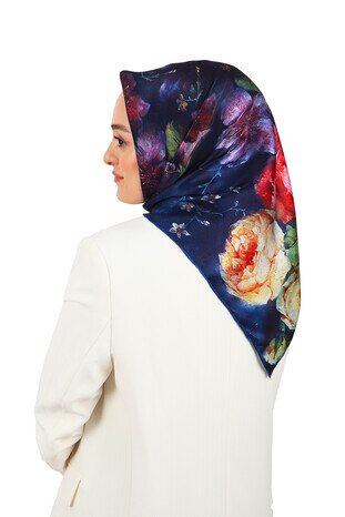 Navy Blue Floral Silk Square Scarf - Thumbnail