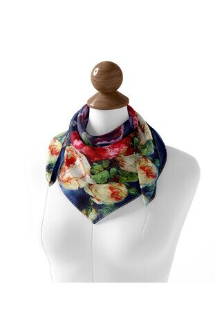 Navy Blue Floral Silk Square Scarf - Thumbnail