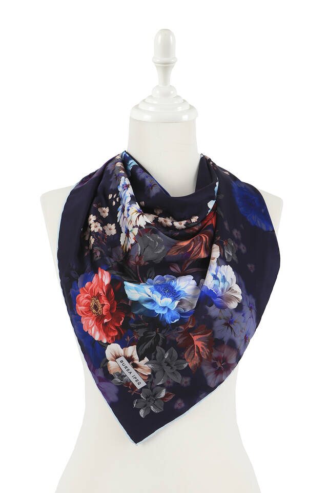 Navy Blue Fulya Pattern Silky Square Scarf - 2