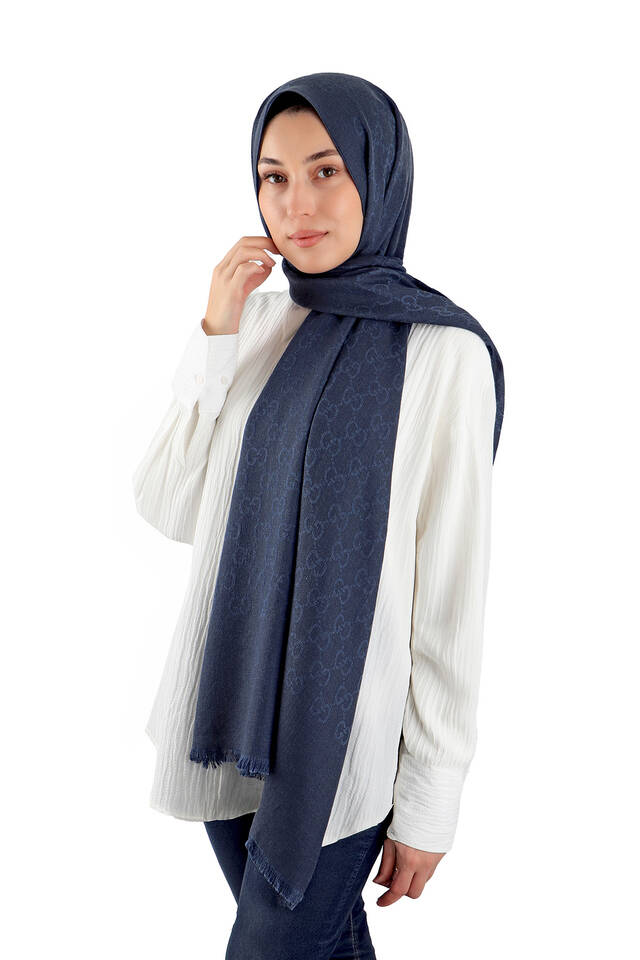 Navy Blue G Pattern Wool Silk Scarf - 2