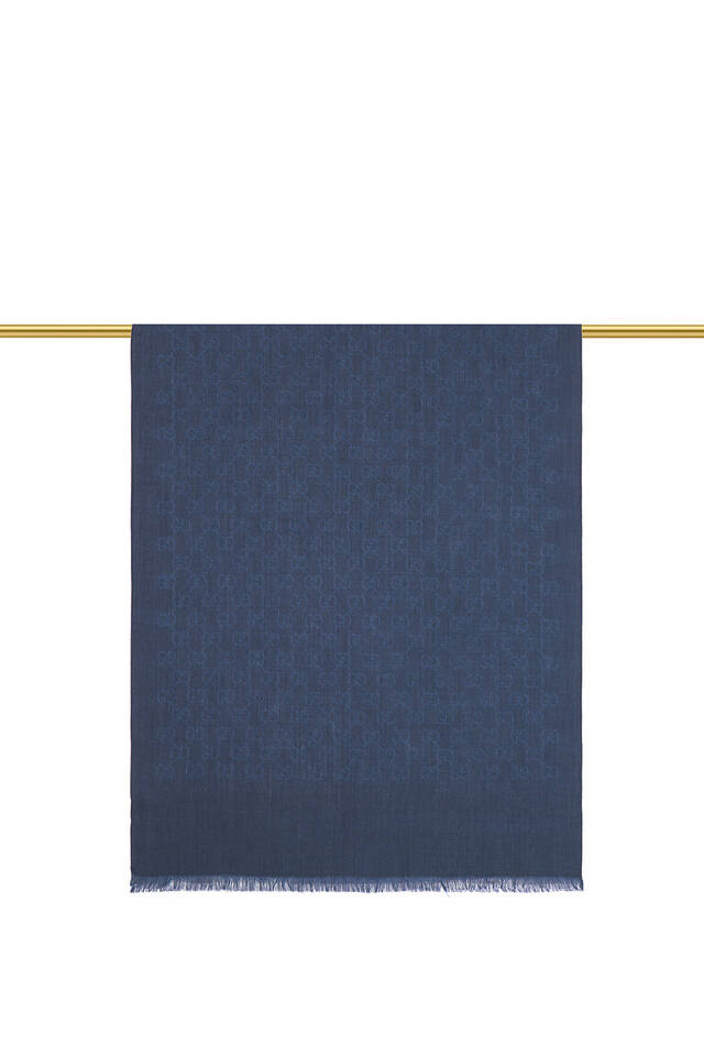 Navy Blue G Pattern Wool Silk Scarf - 3