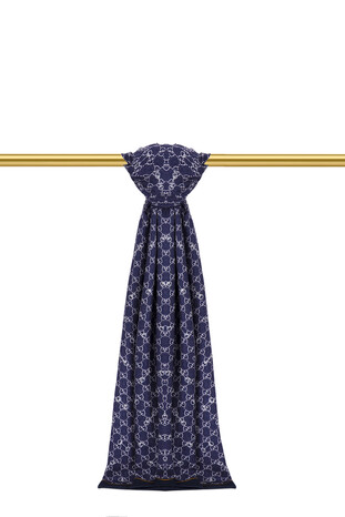 Navy Blue G Pattern Wool Silk Scarf 