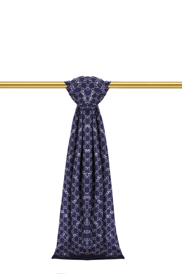 Navy Blue G Pattern Wool Silk Scarf - Bursa İpek