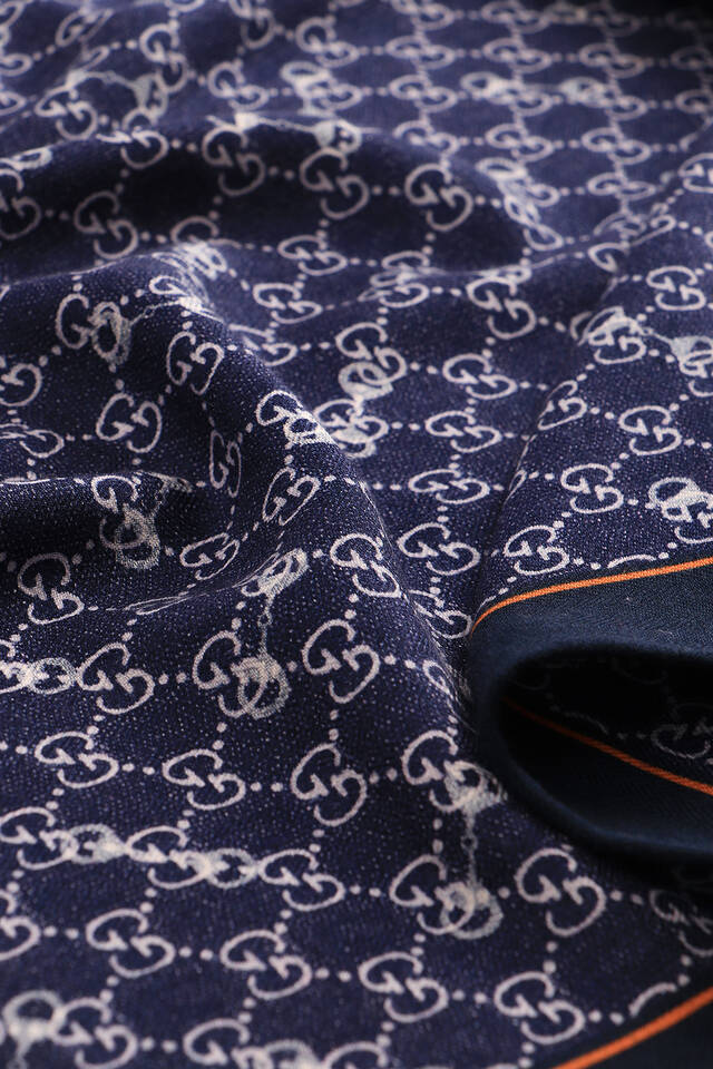 Navy Blue G Pattern Wool Silk Scarf - 3