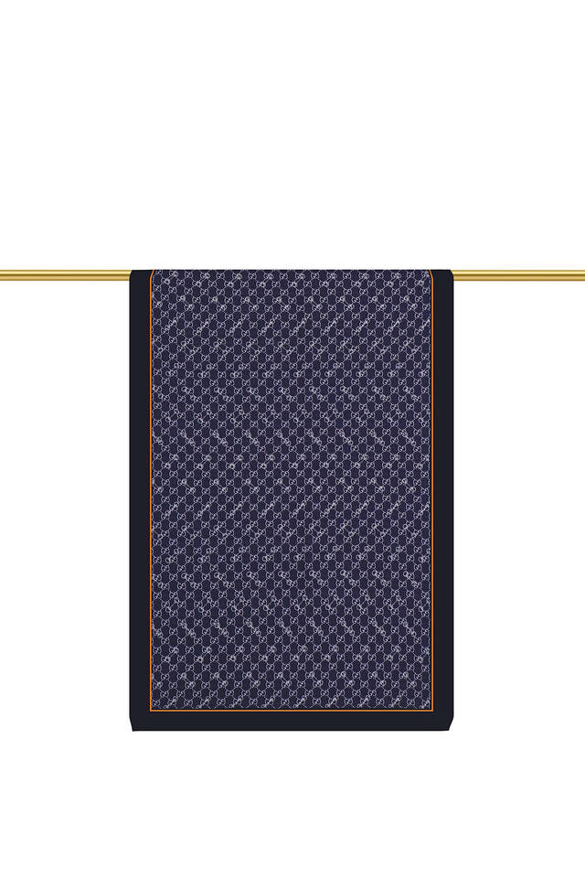 Navy Blue G Pattern Wool Silk Scarf - 2