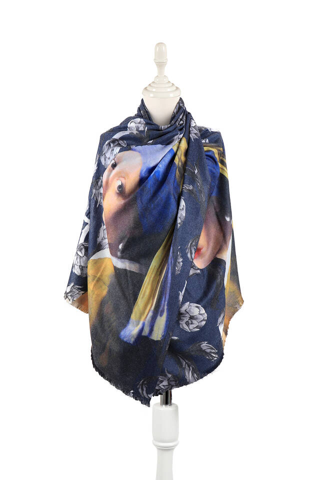 Navy Blue Girl with Pearl Earring Pattern Winter Shawl - 1