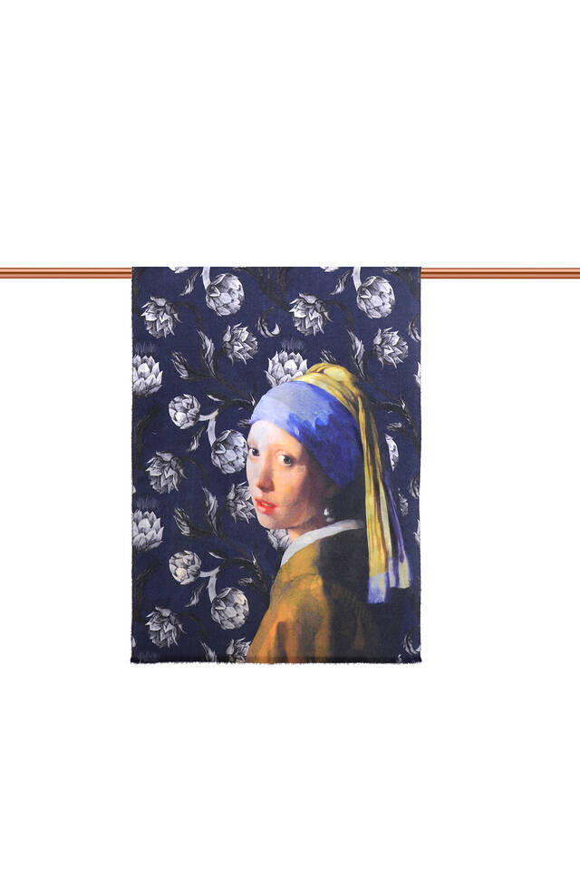 Navy Blue Girl with Pearl Earring Pattern Winter Shawl - 3
