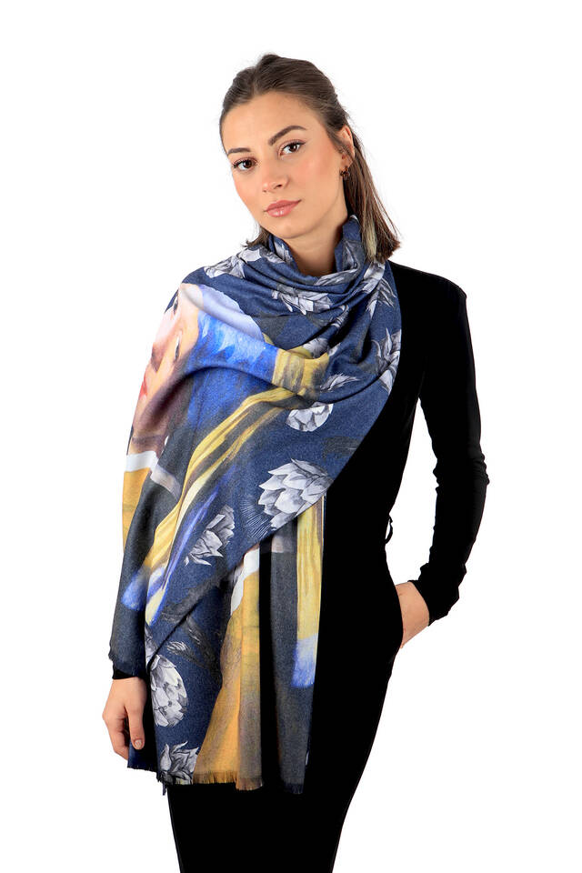 Navy Blue Girl with Pearl Earring Pattern Winter Shawl - 2