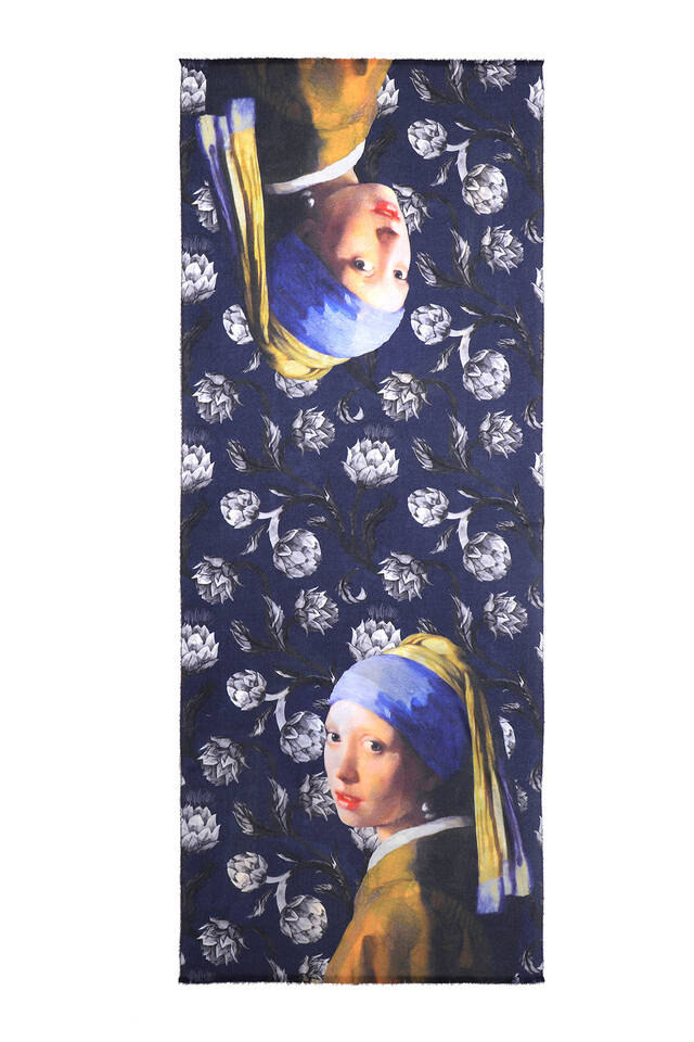 Navy Blue Girl with Pearl Earring Pattern Winter Shawl - 4